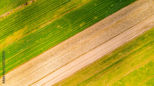 Aerial flat top view from the drone of the hills after harvesting