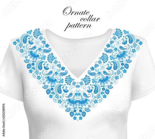 Fototapeta Naklejka Na Ścianę i Meble -  Vector design for collar shirts, shirts, blouses. Colorful ethnic flowers neck. Paisley decorative border. Ornate collar pattern. Blue