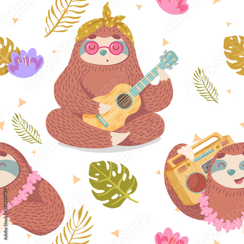 cute seamless pattern with cartoon sloth with retro tape recorder and playing ukulele with tropical leaves and flowers