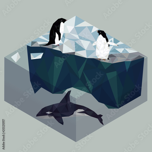 Low poly penguins and orca, seascape poster