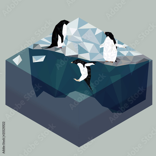 Low poly penguins on iceberg, seascape poster