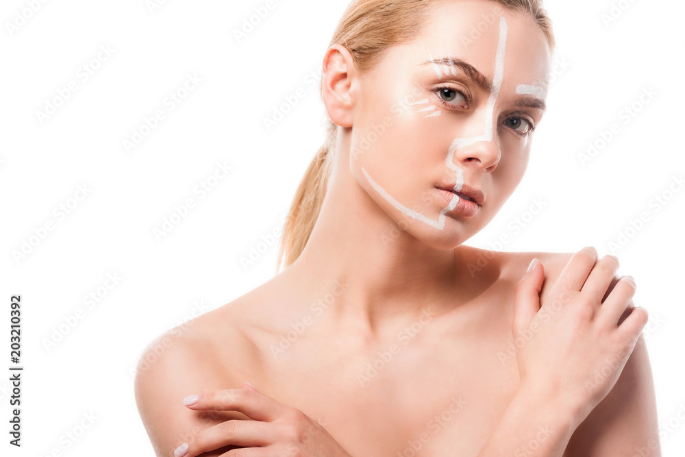 beautiful woman with white lines on face touching shoulders isolated on white, body art beautiful woman with white lines on face touching shoulders isolated on white, body art