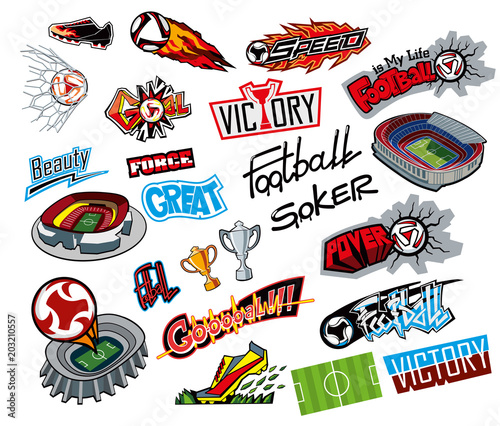 Football attributes, stickers in the style of graffiti. Vector graphics, isolated