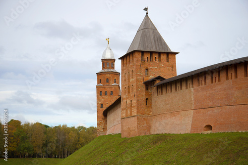Two towers (Knyazhaya and Kokuy) Kremlin of Veliky Novgorod close up in the cloudy autumn afternoon. Russia photo