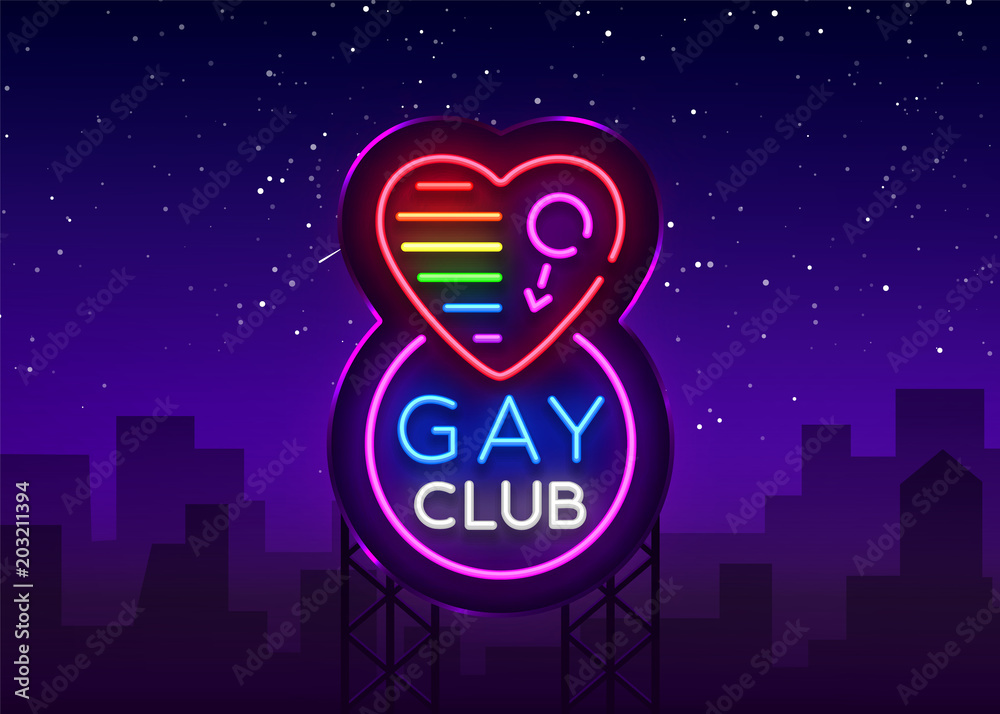 Gay club neon sign. Logo in neon style, light banner, billboard