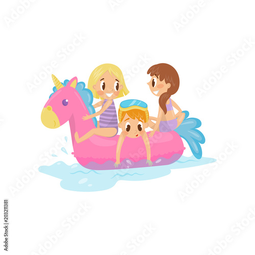Little kids swimming at sea on pink inflatable unicorn. Children on floating toy. Summer outdoor activity Flat vector design