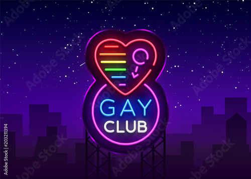 Gay club neon sign. Logo in neon style, light banner, billboard, night bright advertising for gay club, lgbt, party, gay society. Same-sex love. Design template. Vector Billboard
