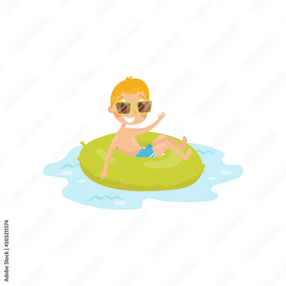 Funny kid swimming at sea on green inflatable ring. Little boy in swim shorts and sunglasses. Summer vacation. Flat vector design Funny kid swimming at sea on green inflatable ring. Little boy in swim shorts and sunglasses. Summer vacation. Flat vector design