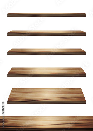 Collection of wooden shelves on an isolated white background, Vector illustration display product design