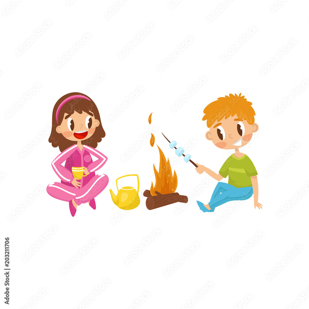 Cheerful little kids. Girl drinking tea from cup, boy cooking marshmallow on fire. Summer outdoor activity. Flat vector design