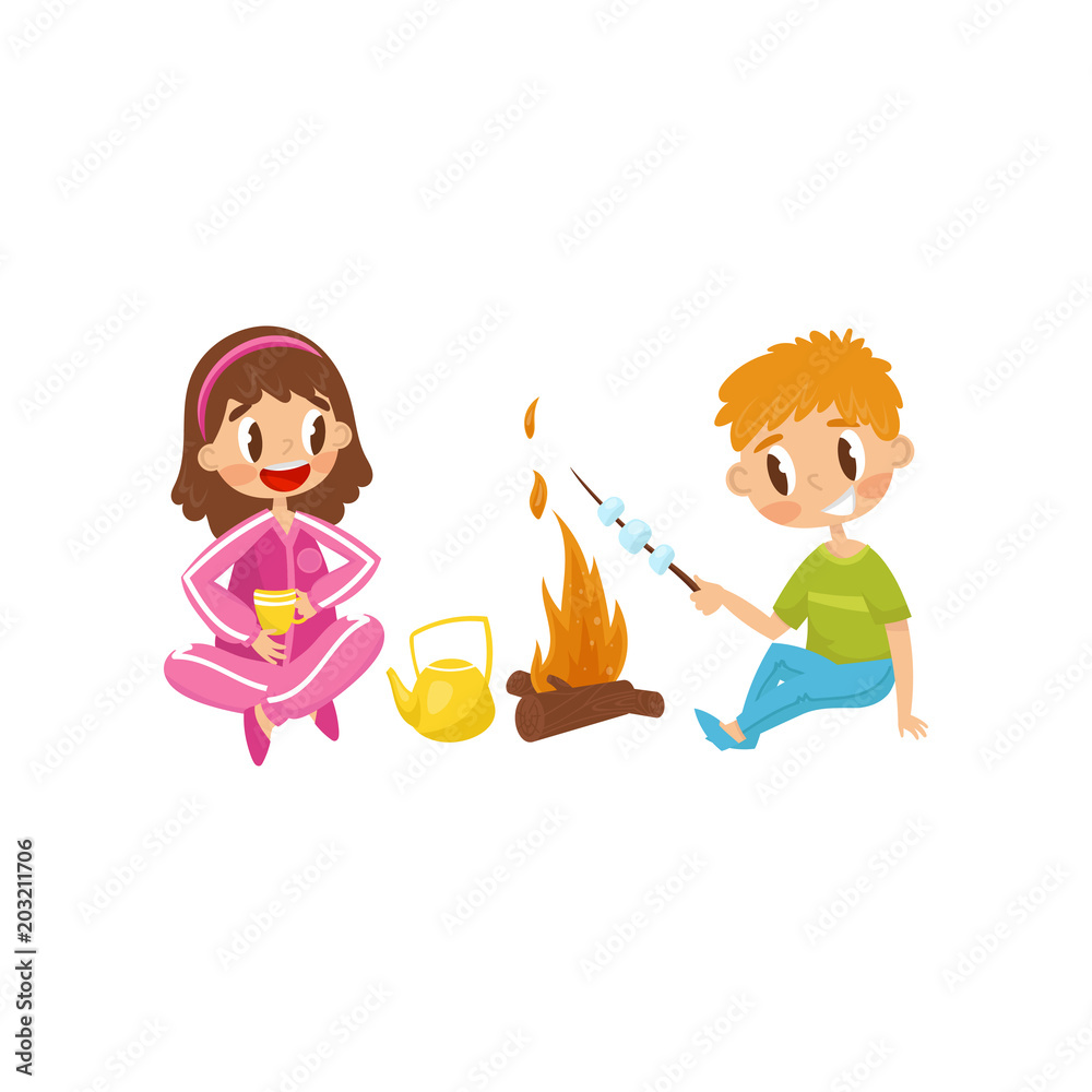 Cheerful little kids. Girl drinking tea from cup, boy cooking marshmallow on fire. Summer outdoor activity. Flat vector design Cheerful little kids. Girl drinking tea from cup, boy cooking marshmallow on fire. Summer outdoor activity. Flat vector design
