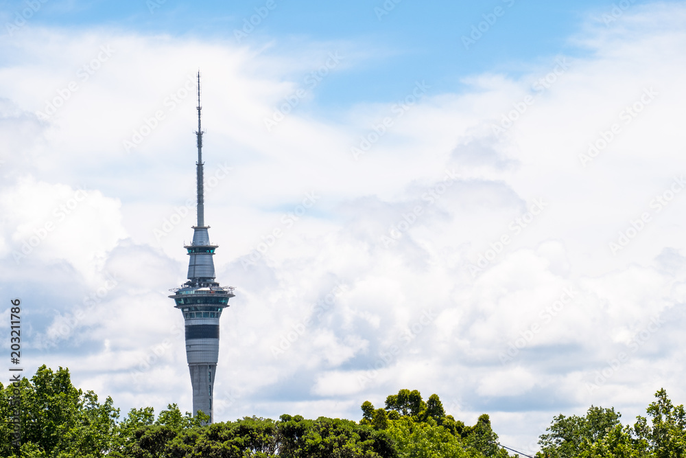 Naklejka premium Auckland Skytower over the green trees with clouds and blue sky.