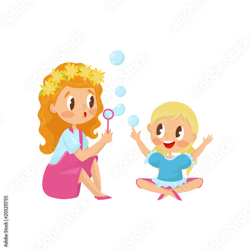 Cute girl blowing soap bubbles with her little sister. Funny kids having fun together. Outdoor activity. Flat vector design