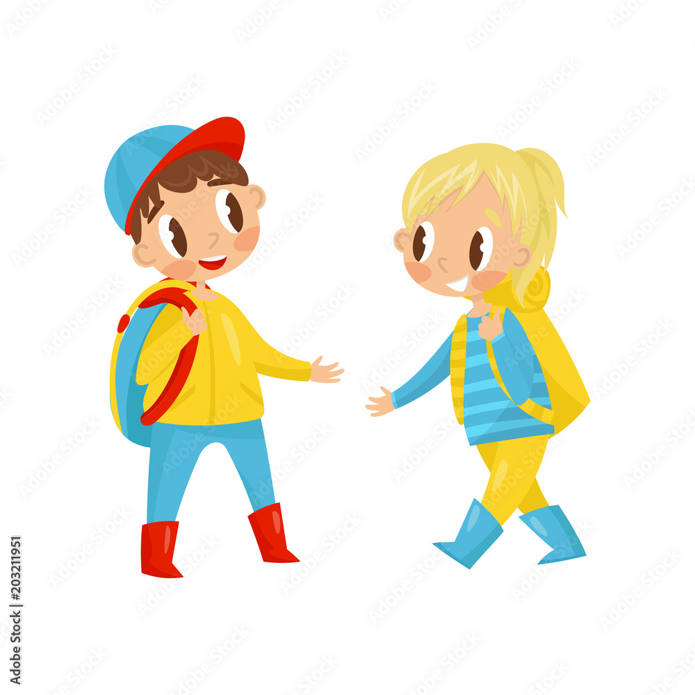 Cute boy and girl with backpack on shoulders. Children going on hiking. Outdoor activity. Flat vector design