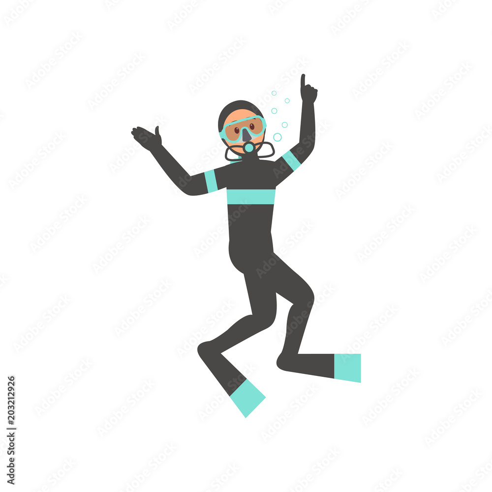 Professional diver swimming underwater with aqualung. Guy in diving suit, mask and flippers. Extreme water sport. Flat vector design