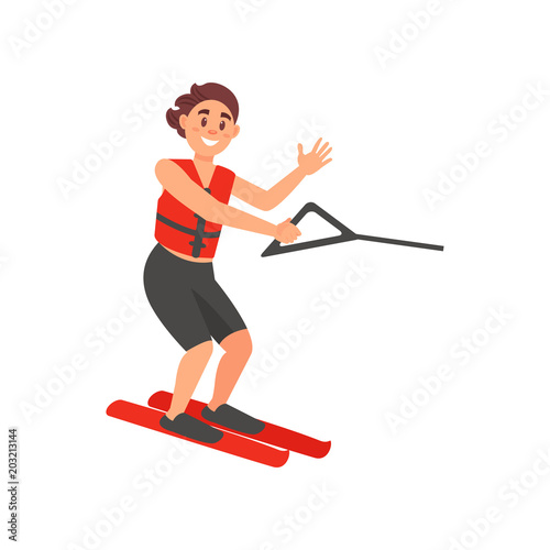 Cheerful male athlete on water skiing. Active summer recreation. Man in swimming shorts and safety vest. Flat vector design