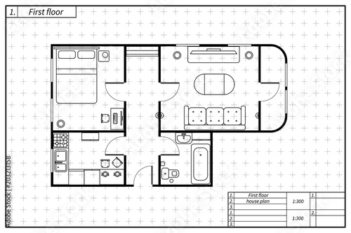 Black architecture plan of house with furniture in blueprint sketch style