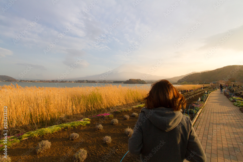 Girl walking at the park near Fuji Mt. at beautiful sunset, Clear sky and relax atmosphere at Kawaguchigo Lake, Yamanashi Japan