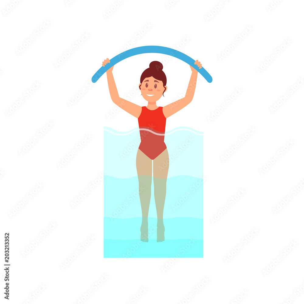 Woman engaged in aqua aerobics with noodle. Active and healthy lifestyle. Young girl in red swimsuit. Colorful flat vector design Woman engaged in aqua aerobics with noodle. Active and healthy lifestyle. Young girl in red swimsuit. Colorful flat vector design