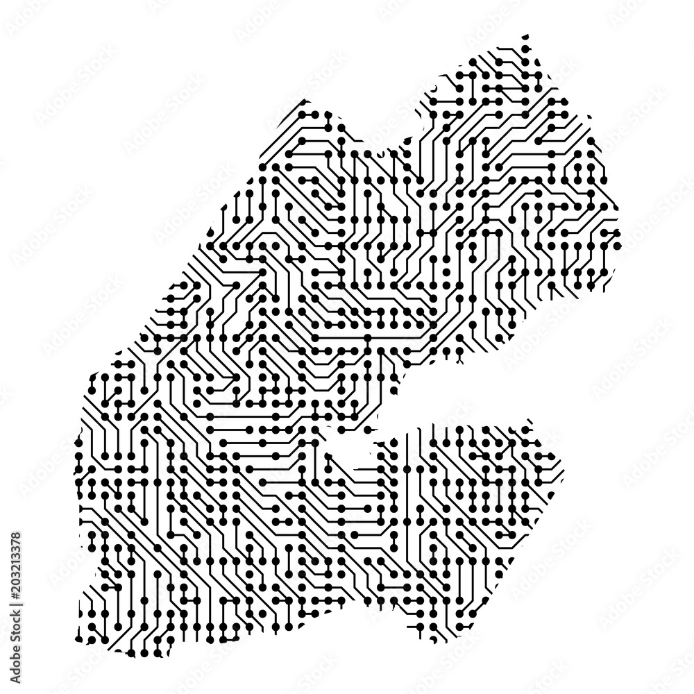 Fototapeta premium Abstract schematic map of Djibouti from the black printed board, chip and radio component of vector illustration