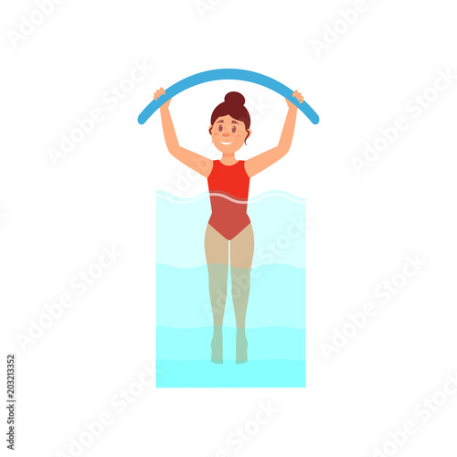 Woman engaged in aqua aerobics with noodle. Active and healthy lifestyle. Young girl in red swimsuit. Colorful flat vector design