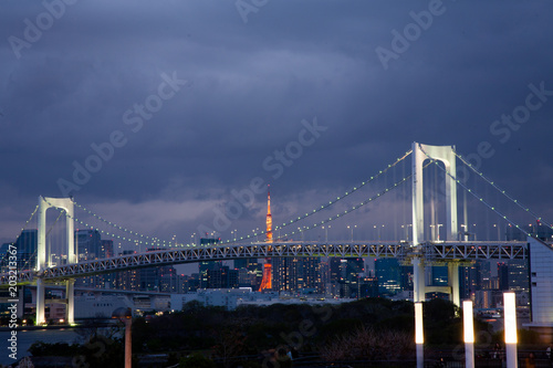 Odaiba Rainbow Bridge and Tokyo tower Japan at Night