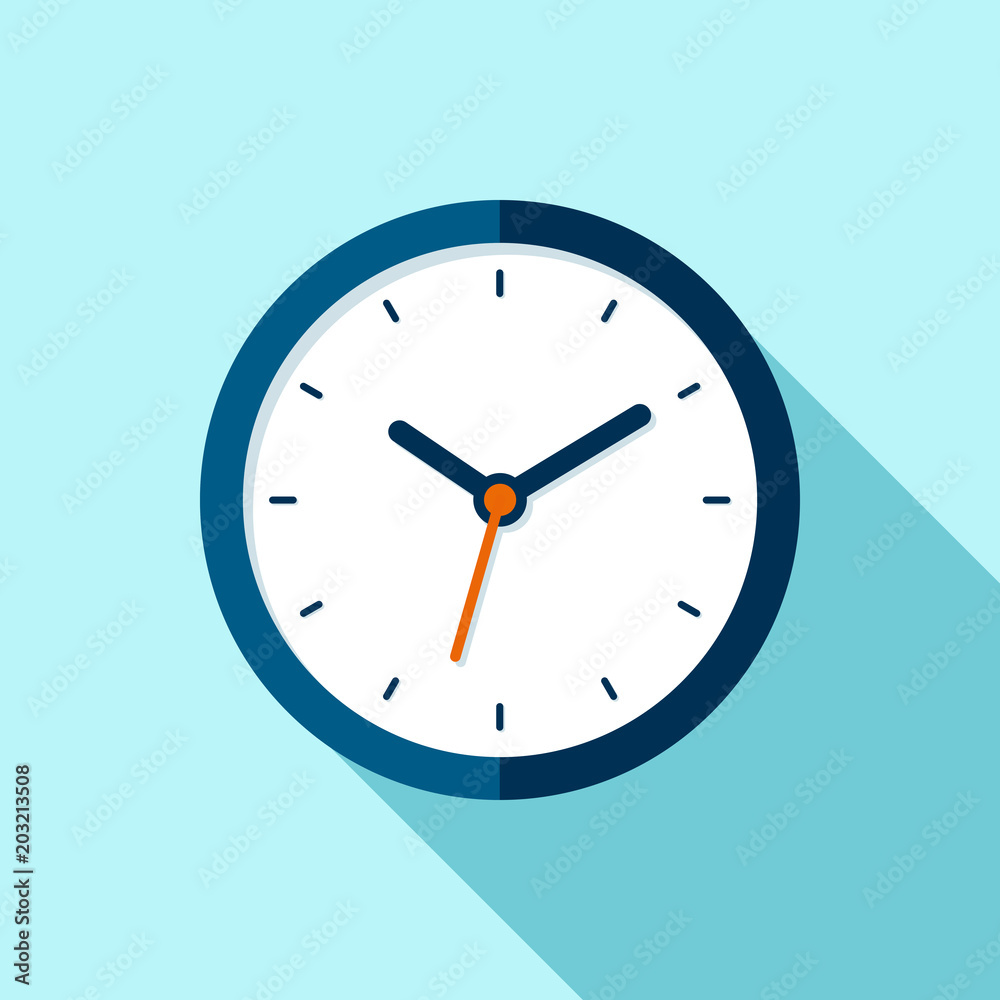 Clock icon in flat style, round timer on blue background. Business watch. Vector design element for you project Clock icon in flat style, round timer on blue background. Business watch. Vector design element for you project