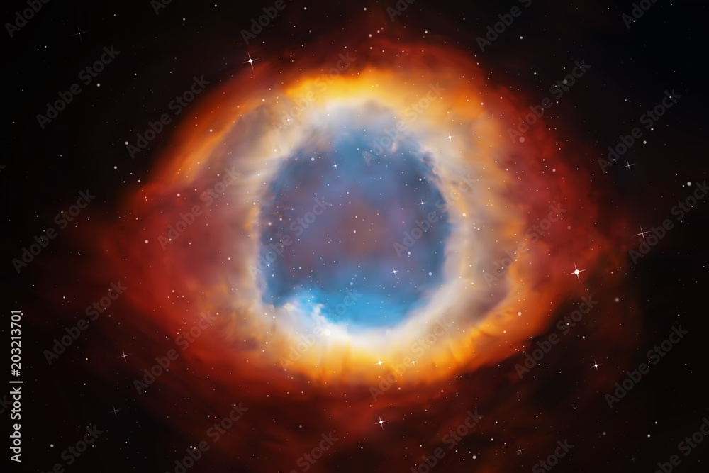 Vector illustration with Helix Nebula. Planetary nebula in deep space. Abstract colorful background