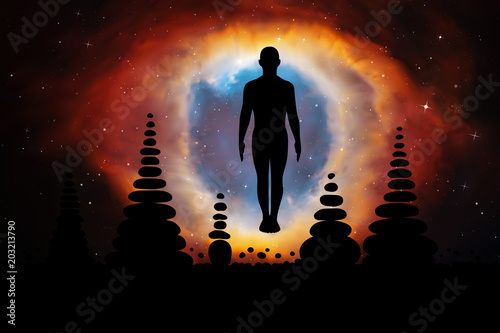 Yoga at night. Vector conceptual illustration with silhouette of yogi in pose of tadasana and pyramids of stones. Abstract background with Helix Nebula