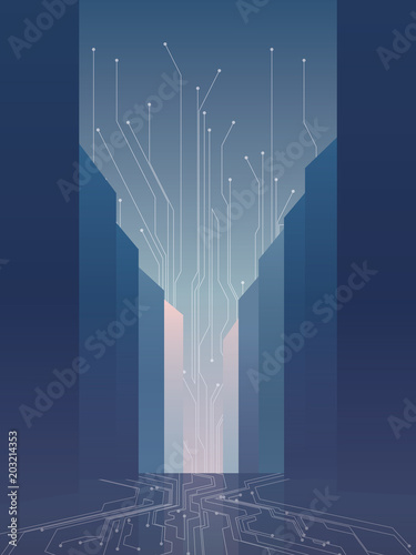 Smart city vector concept with urban skyline, street view and pcb lines. Technology of future, internet of things.
