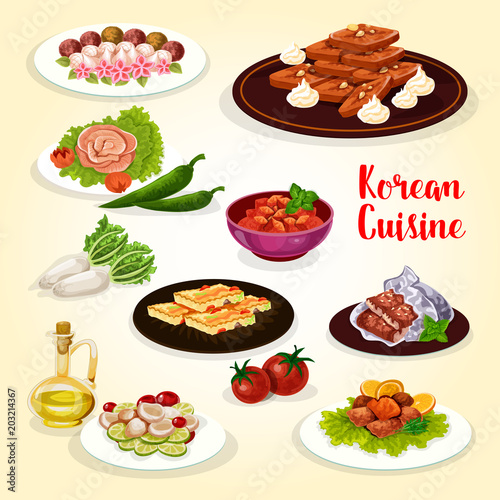 Korean food icon with dishes of Asian cuisine