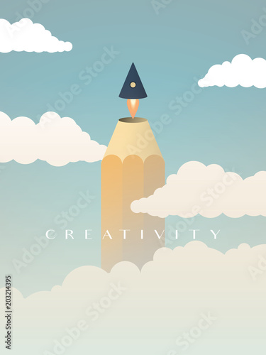 Creativity vector concept with pencil tip flying off as a rocket above clouds into the sky. Symbol of brainstorming, imagination, innovation, startup, new ideas and solutions.