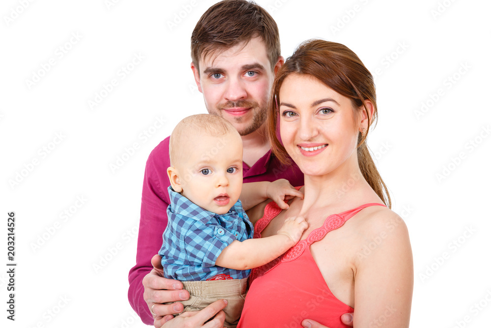Happy and smiling young family Portrait isolated on White Background. Father and Mother with Little Baby boy. Parents with Child Happy and smiling young family Portrait isolated on White Background. Father and Mother with Little Baby boy. Parents with Child