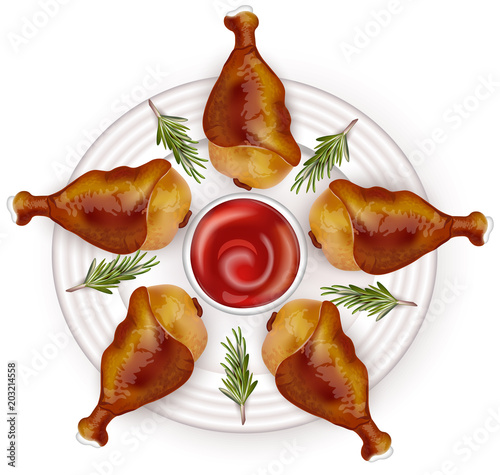 Chicken wings and ketchup bottle Vector realistic. Fresh organic meat 3d illu...