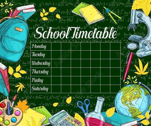 School timetable sketch banner on green chalkboard