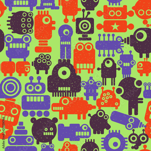 Colorful endless pattern with robots and monsters. photo