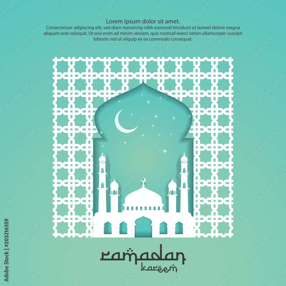 Naklejka premium Ramadan Kareem islamic greeting card design with 3D dome mosque, door or window, and pattern element. paper cut background style. Vector illustration.