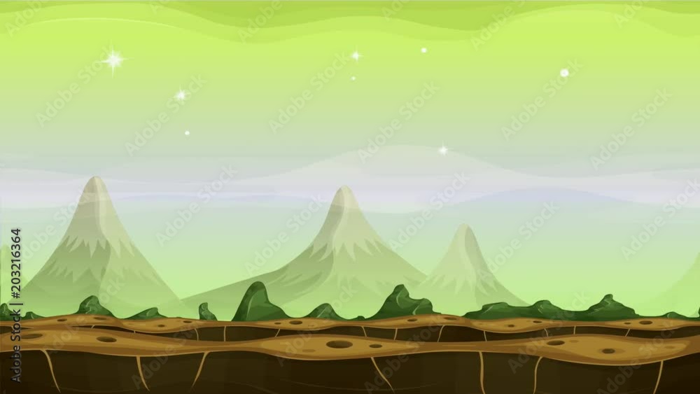 Fantasy Alien Mountains Background Loop/
Seamless looped animation of a cartoon funny sci-fi alien planet landscape background, with layers for parallax including mountains range, stars and planets