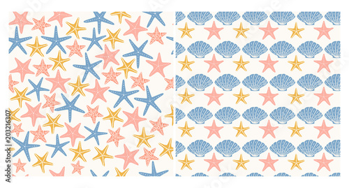 Sea seamless patterns. Starfish and shell background