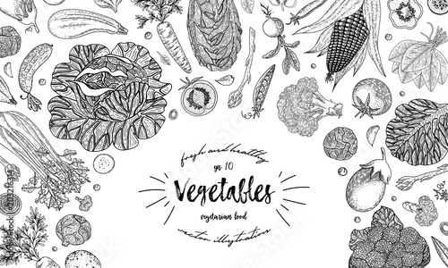 Vegetables top view frame. Ink hand drawn vector illustration. Farmers market menu design template. Organic vegetables food poster. Vintage hand drawn sketch vector illustration. Engraved style.
