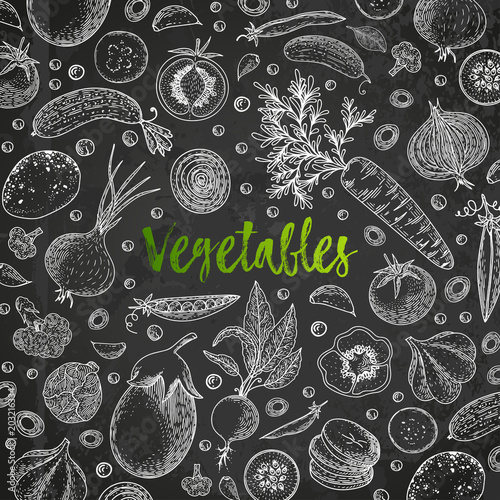 Vegetable vector composition with cucumber, tomato, eggplant, potato, carrot, broccoli. Healthy food design template with vegetables on chalkboard. Great for design menu, recipes, poster.