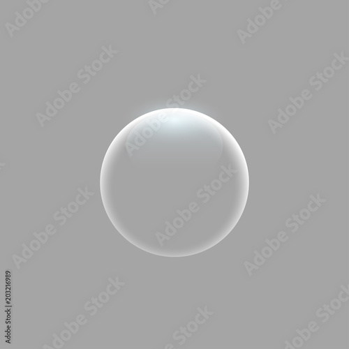 Transparent glass sphere with glares and highlights. Vector illustration with transparencies, gradient and effects. Realistic glossy orb, water soap bubble, white pearl.