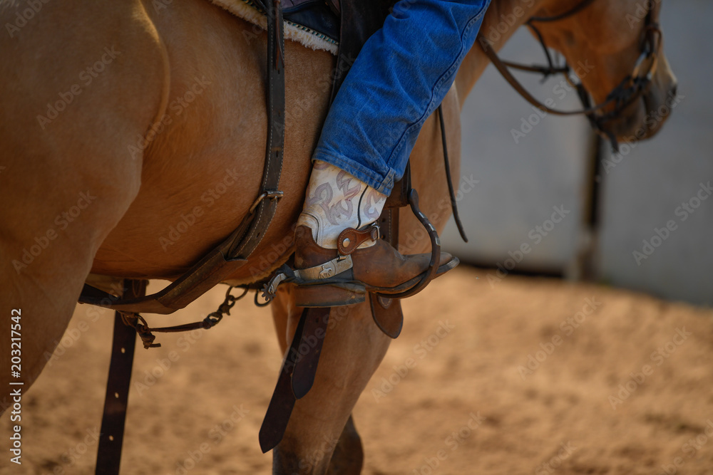The cowboy leg in jeans and boot
