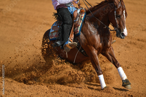 Widok z boku jeźdźca w kowbojskich kumpli i butów na koniu zatrzymujący konia w pyle.