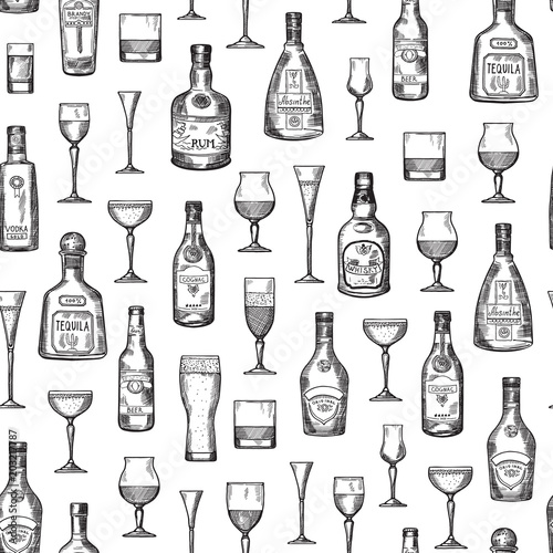 Vector pattern or background illustration alcohol drink bottles and glasses
