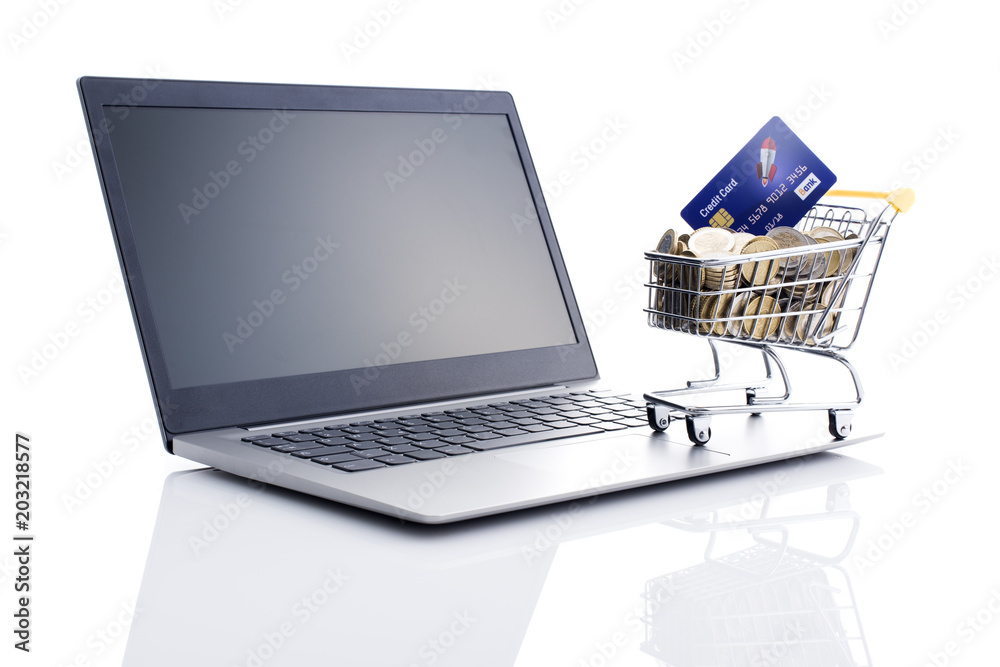 Shopping cart full of money and laptop Shopping cart full of money and laptop