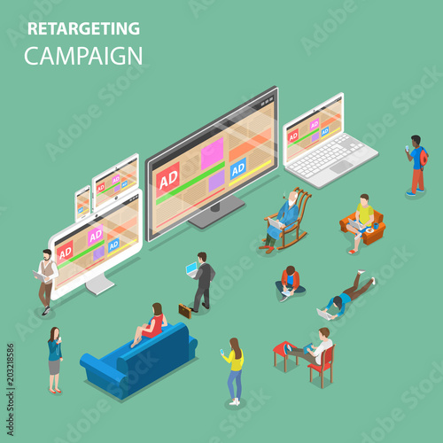 Retargeting campaign flat isometric vector concept. People around all types of devices for internet access with the same advertising banners.