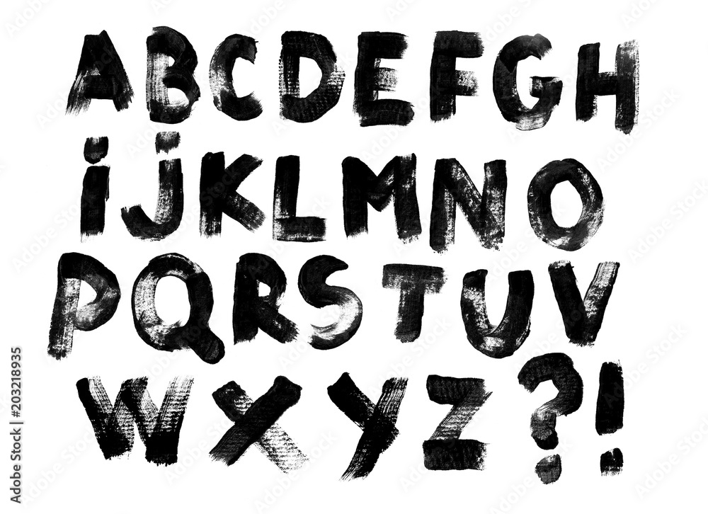 Alphabet set of black capital handwritten letters on a white background. Drawn by semi-dry brush with unpainted areas.