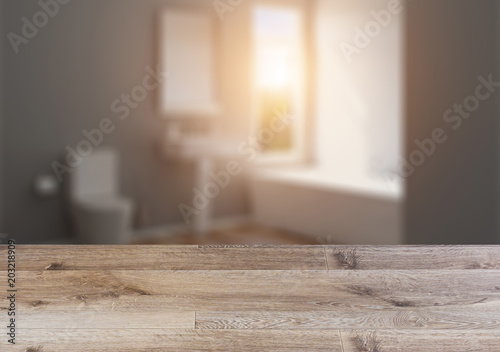 Background with empty wooden table. Flooring.. Bathroom interior bathtub photo