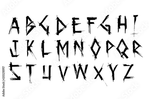 Alphabet set of black capital handwritten letters. Uppercase font with semi-dry brush strokes in horror style.